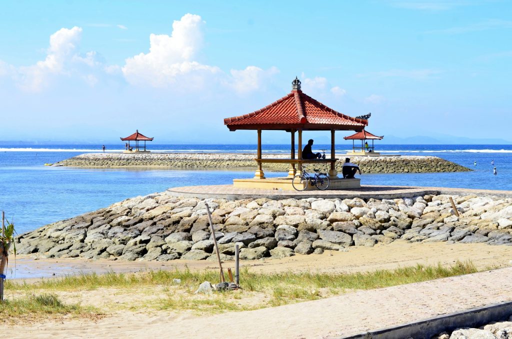 Red and brown wooden beach gazebo