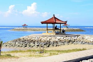 Red and brown wooden beach gazebo